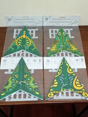 Hanging Paper Star Lamps, Green, Set Of 4 - New!